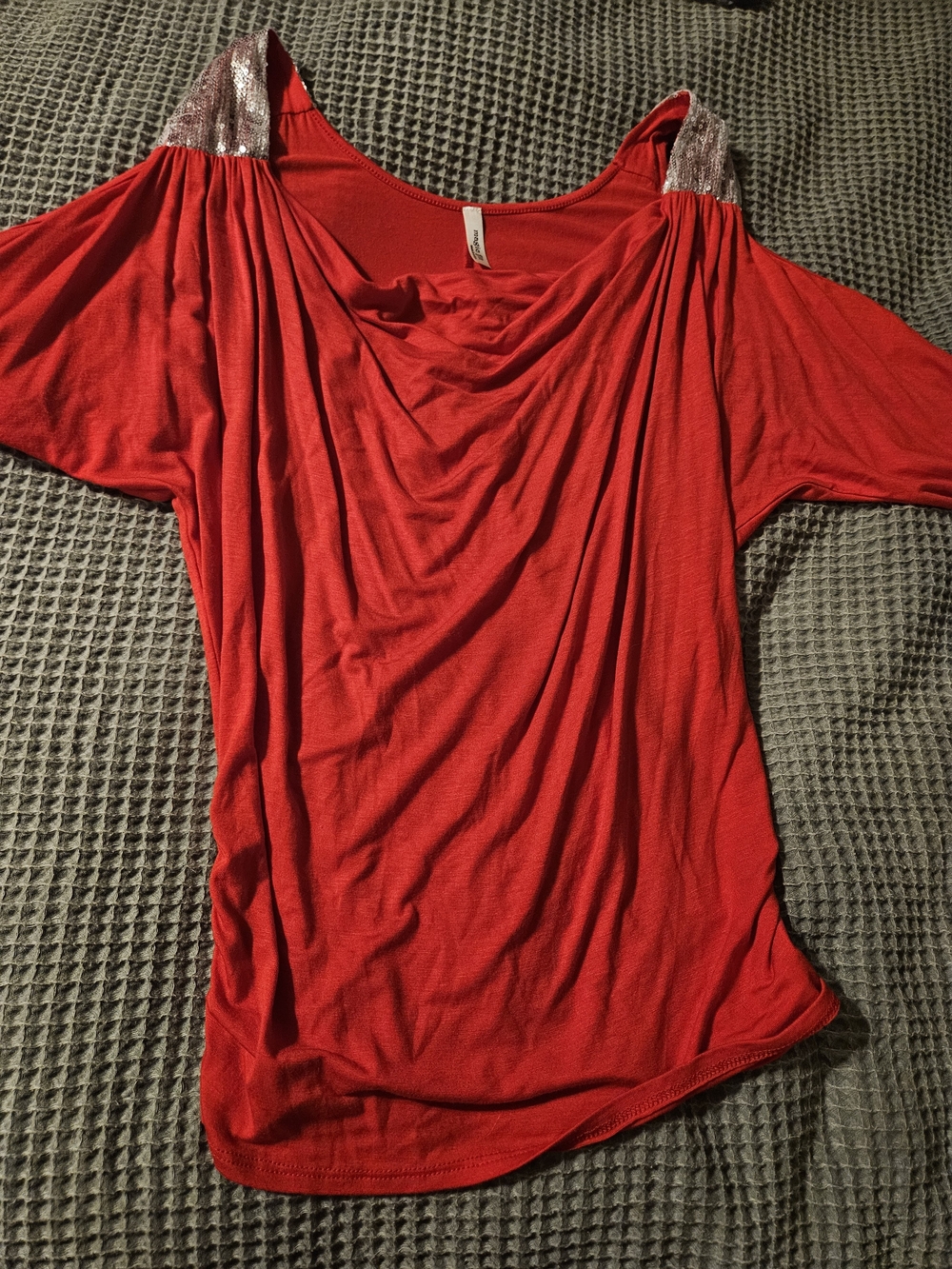 Magic Fit Red Draped Short Sleeve Top with Metallic Shoulder Accents